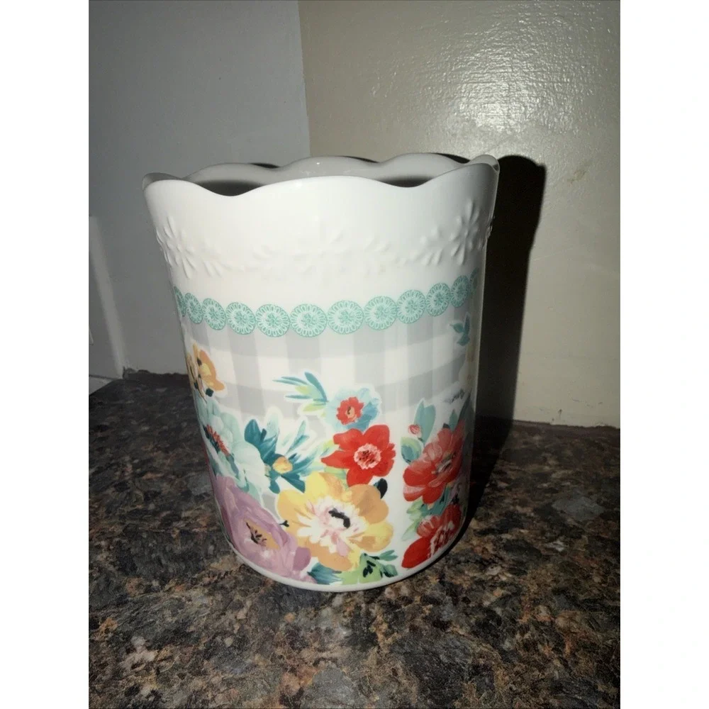Pioneer Woman Utensil Holder Floral Gray Plaid